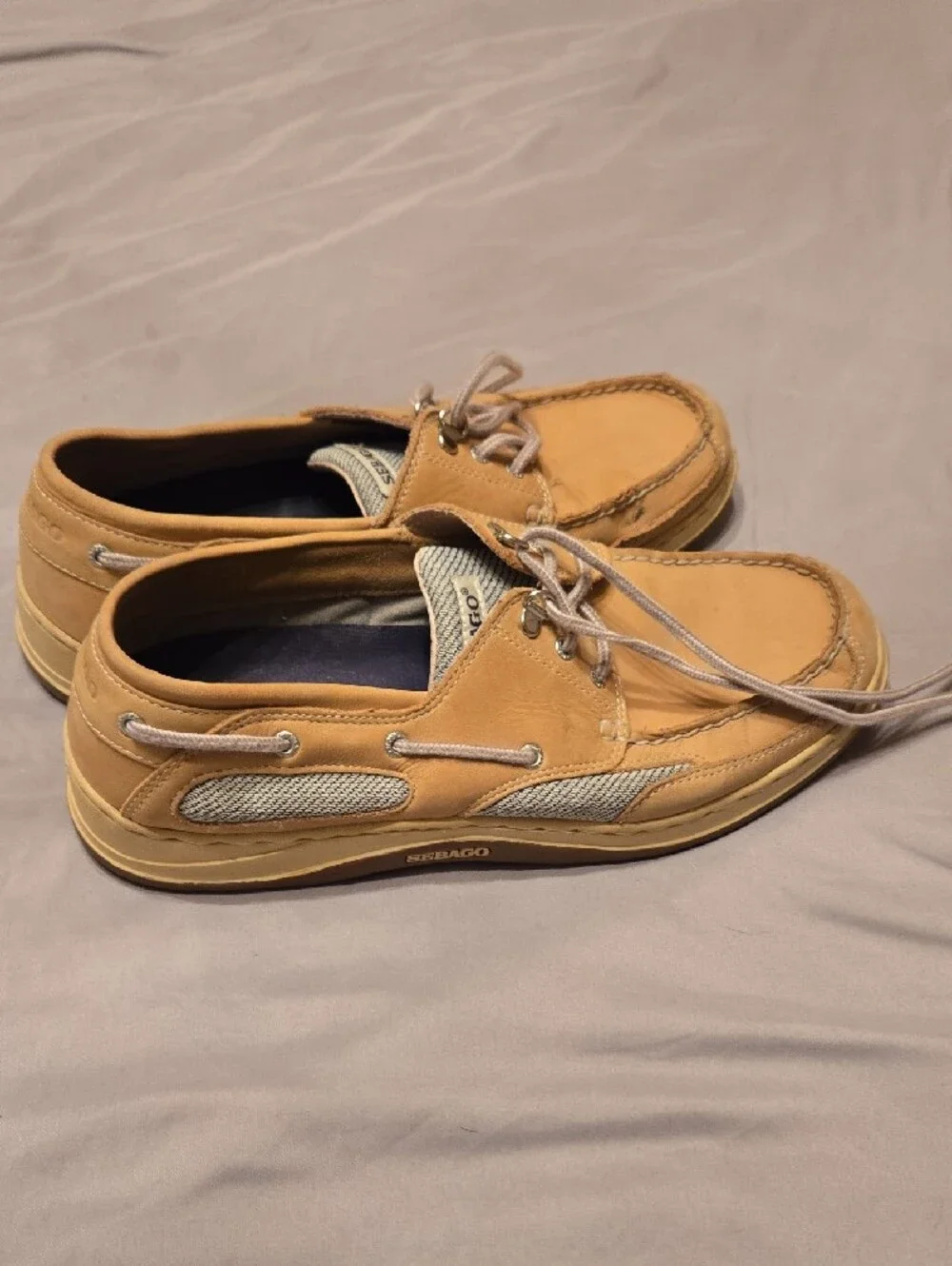 Sebago Tan Leather Moc Toe Boat Shoes